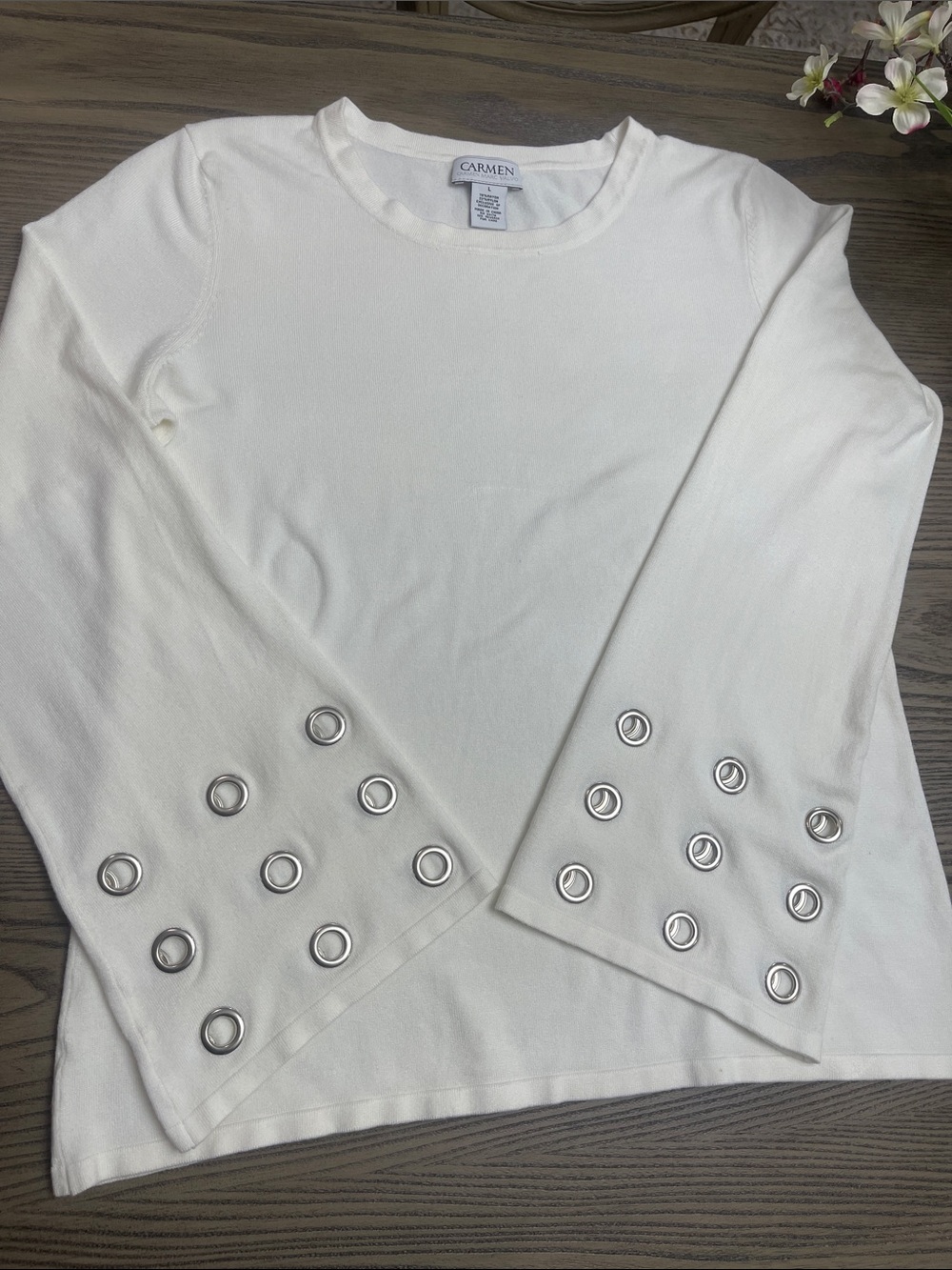 Carmen Marc Valvo White Long Sleeve Top with Silver Eyelet Trim